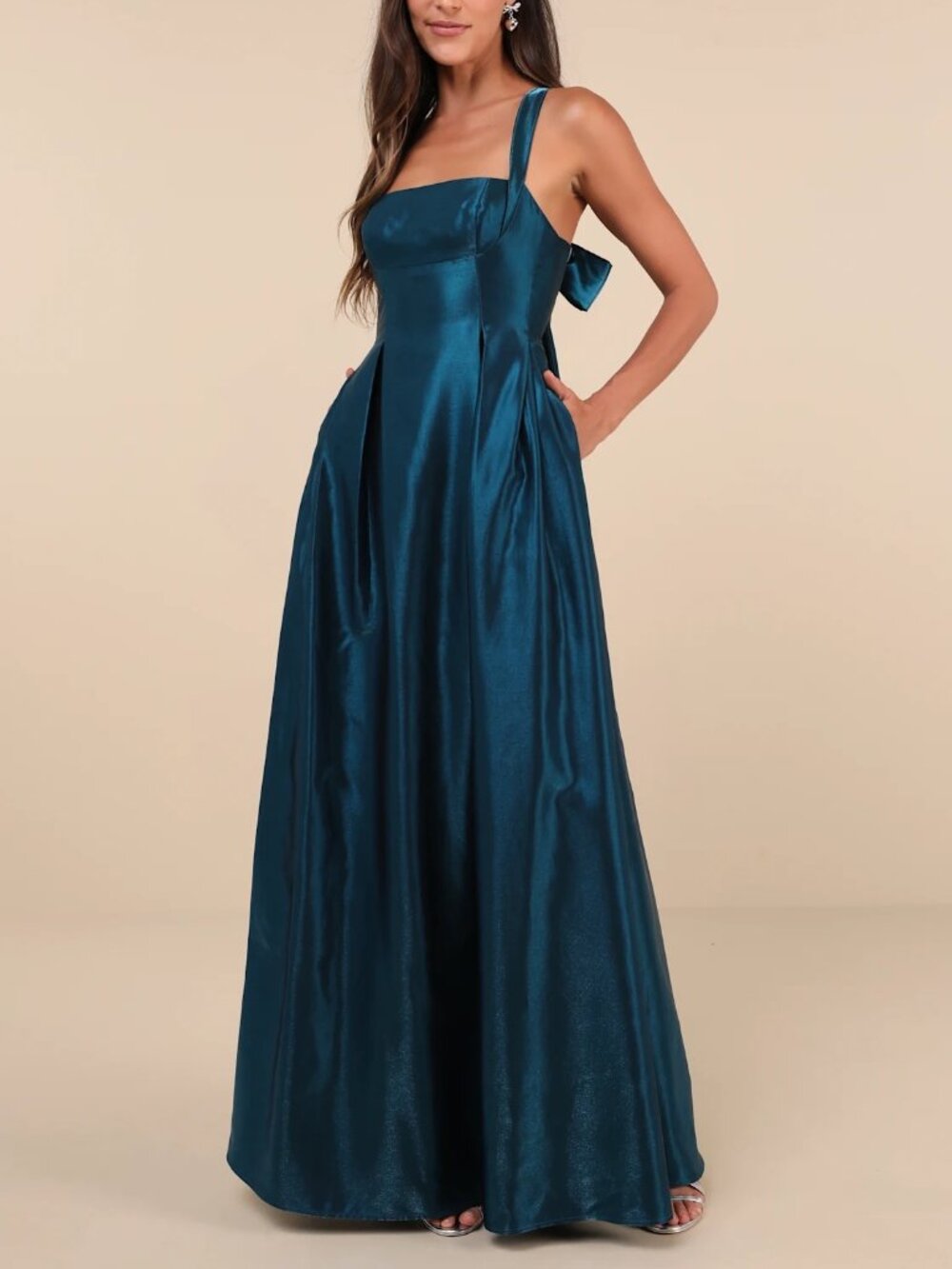 Lulus Immaculate Aura Shiny Dark Teal Taffeta Maxi Dress With Pockets Size XS